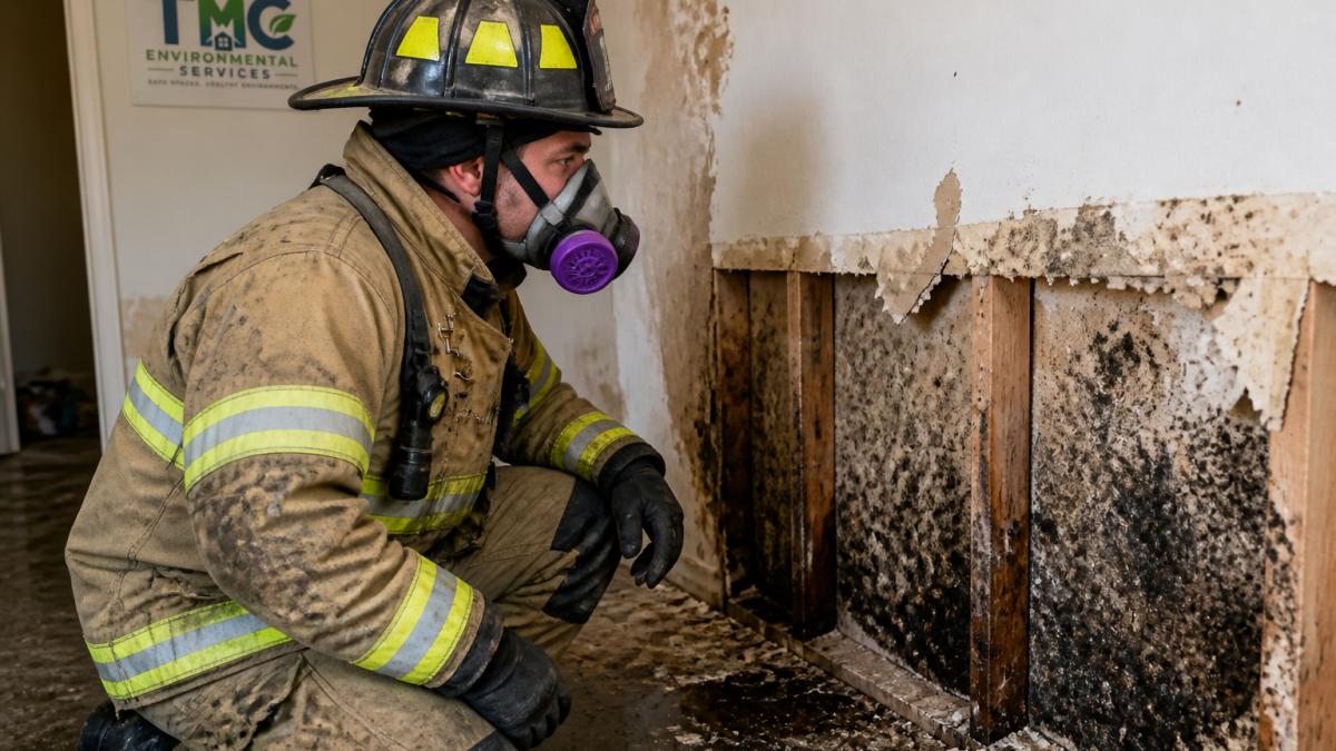 A firefighter in turnout gear and a fitted respirator inspecting water-damaged drywall with visible mold growth inside a damp building after a call