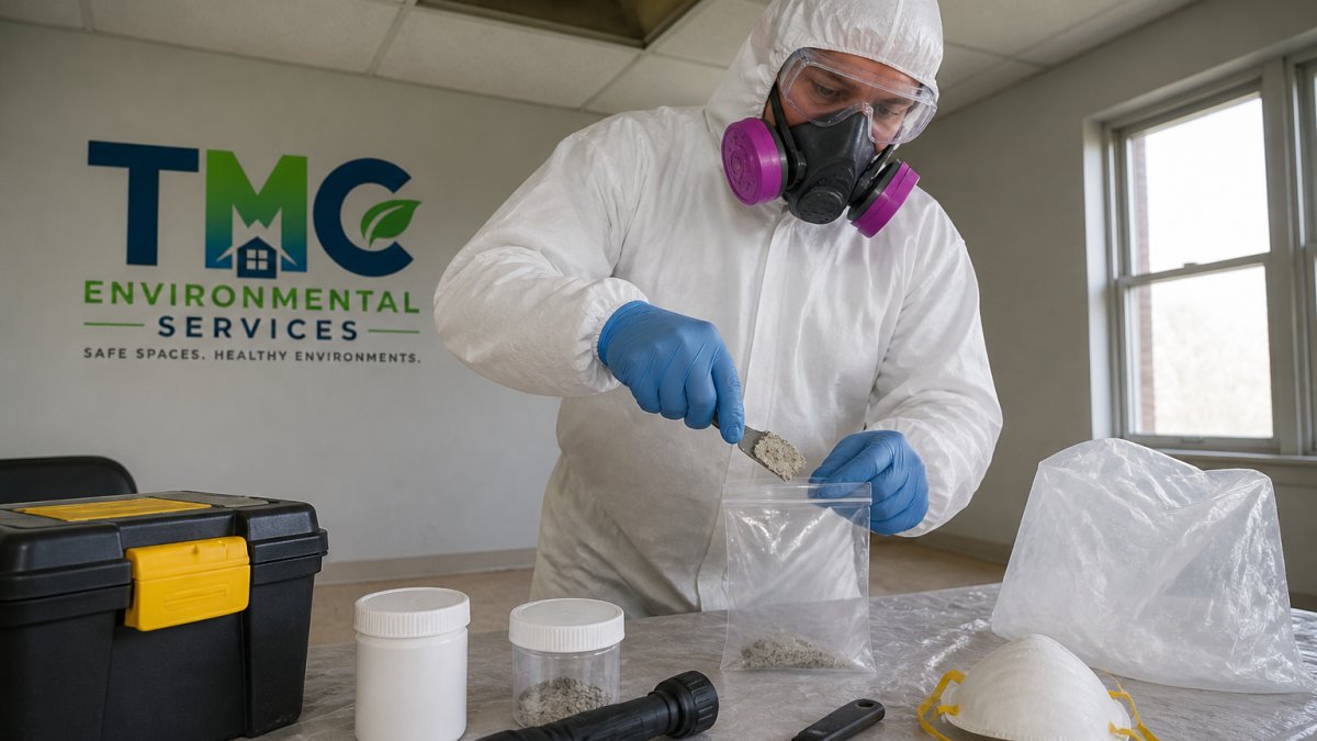 Certified inspector in protective gear collecting a ceiling tile sample for asbestos testing.