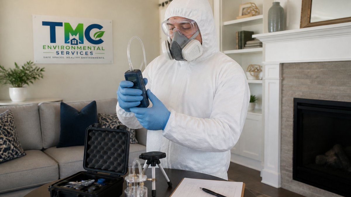 An indoor air quality professional in protective gear holding a handheld air sampling pump inside a residential living room, with a clipboard and testing equipment visible on a nearby table