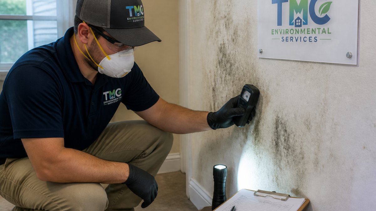 A certified mold inspector in protective gear holding a moisture meter against a wall inside a home, with a clipboard and flashlight nearby, showing the on-site assessment process