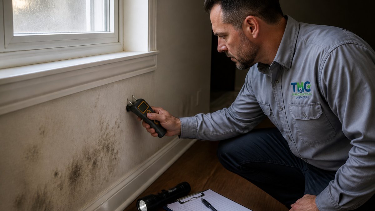 A home inspector in a work shirt pressing a handheld pin-type moisture meter against the drywall below a window, with a clipboard and flashlight nearby in a dim residential room