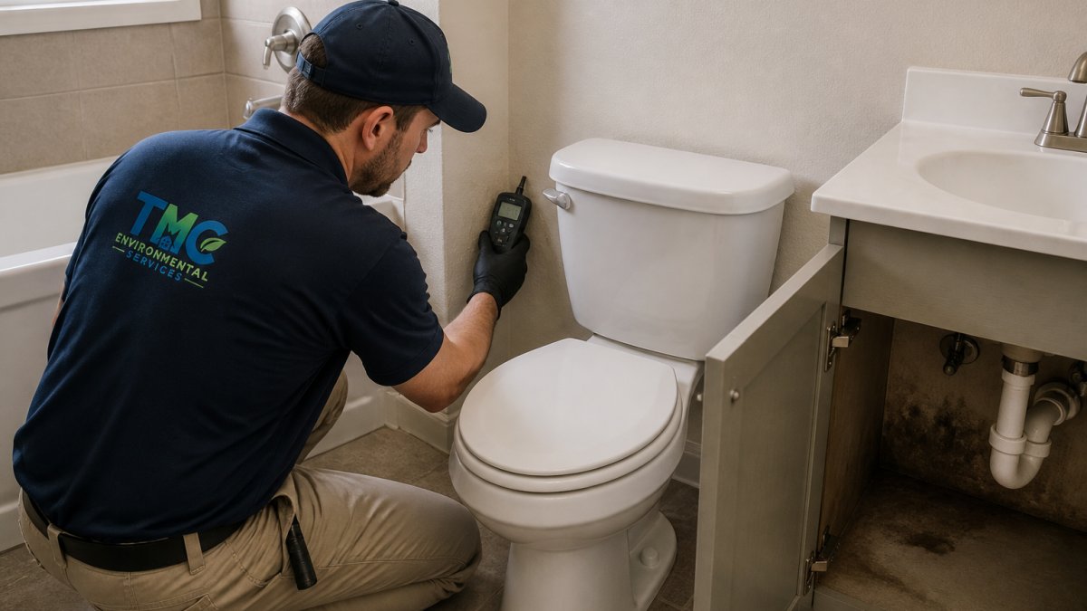 Professional home inspector using a moisture meter to check wall moisture levels in a bathroom, examining areas behind the toilet and under the sink with careful attention to hidden moisture sources