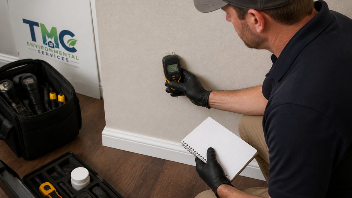 A homeowner in work clothes holding a handheld pin-type moisture meter against a drywall wall near a baseboard, with a small notebook and pen in the other hand, soft indoor lighting