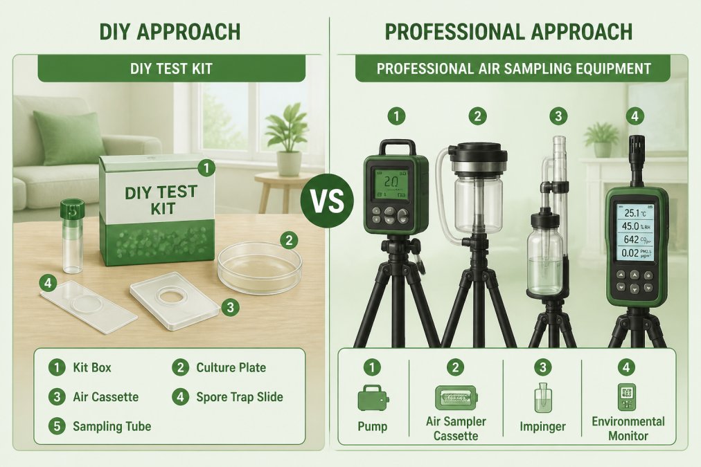 Side-by-side comparison of DIY test kit and professional air sampling equipment in residential setting, showing pump, collection devices, and monitoring instruments