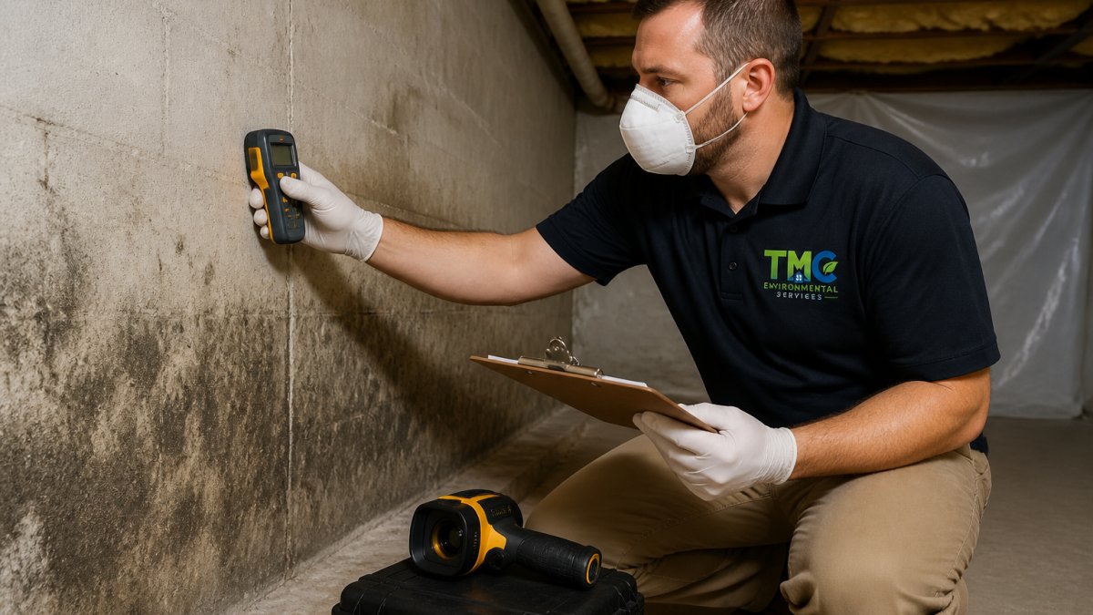 A certified mold inspector in safety gear using a moisture meter on a basement wall, with a clipboard and thermal camera nearby