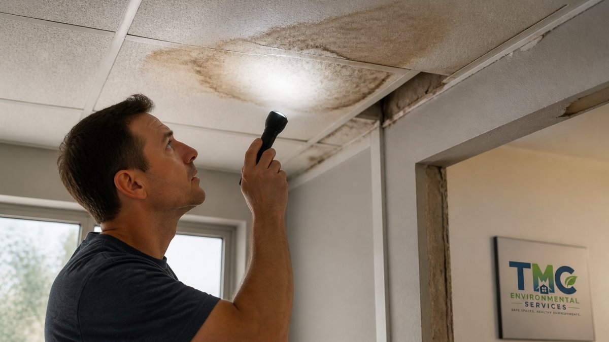 A homeowner in casual clothing inspecting a water-stained ceiling tile with a flashlight, noticing discoloration that suggests hidden moisture behind drywall