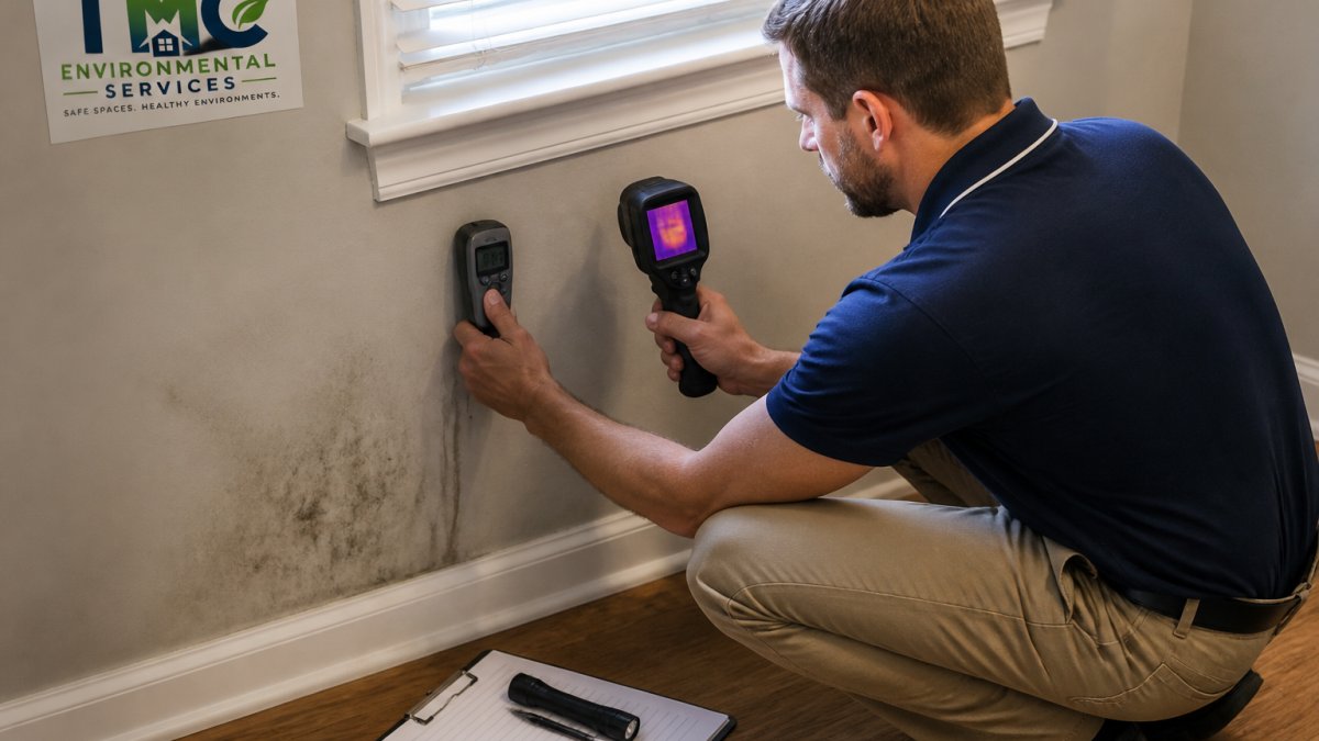 Mold inspector using a moisture meter and thermal camera for mold testing on an interior wall
