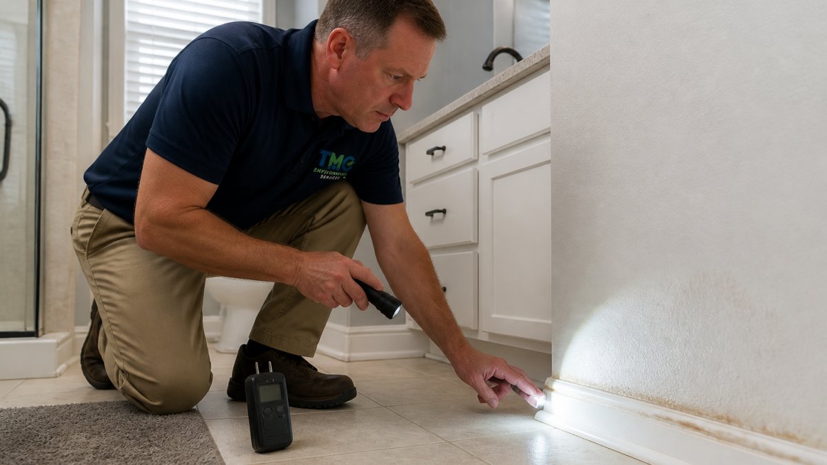 Homeowner inspecting a bathroom vanity baseboard for signs of hidden mold growth with a flashlight and moisture meter.