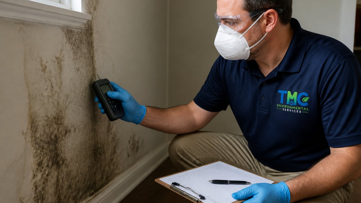 A professional inspector in safety gear using a handheld moisture meter on a wall in a residential home, with visible water staining and a clipboard nearby